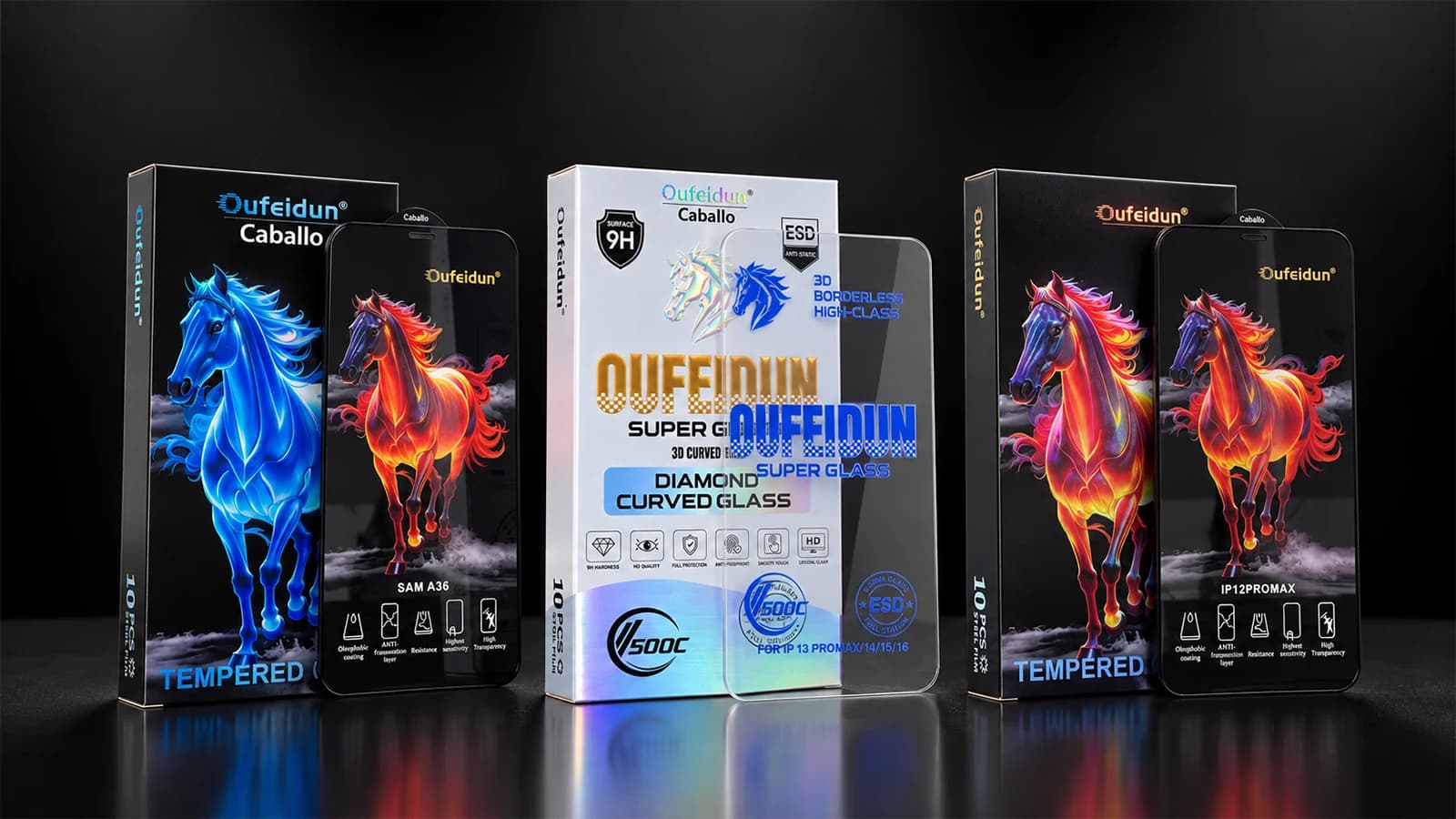 Ba dòng kính cường lực Caballo Android, Caballo iPhone và Oufeidun Diamond